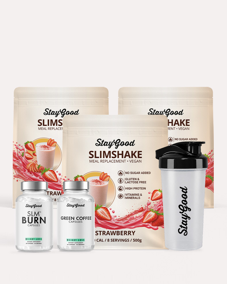 Paket med Slimshake Strawberry, kapslar och shaker