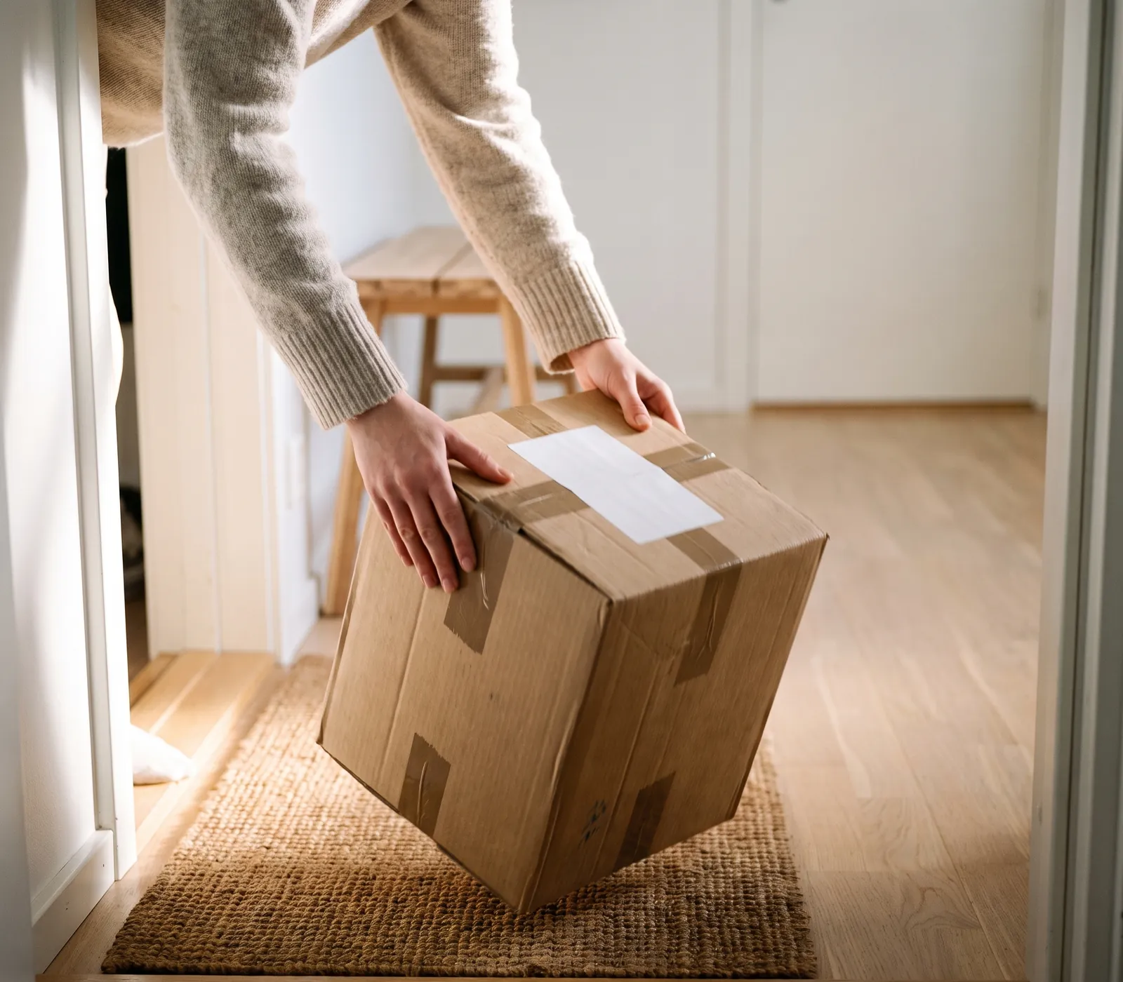 Någon lyfter upp ett levererat paket från dörrmattan i hallen
