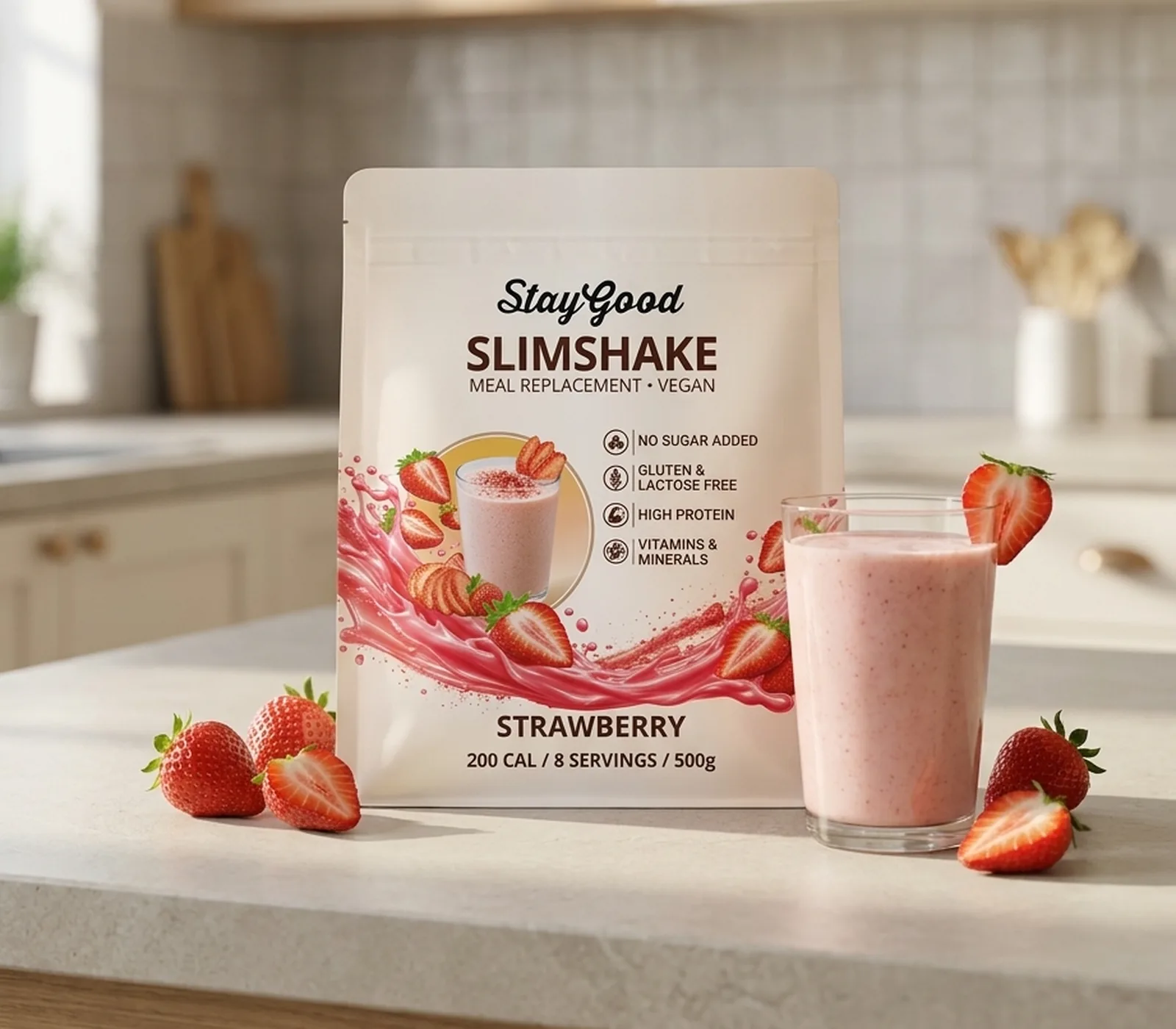 Slimshake Strawberry och ett glas jordgubbsshake på en ljus köksbänk