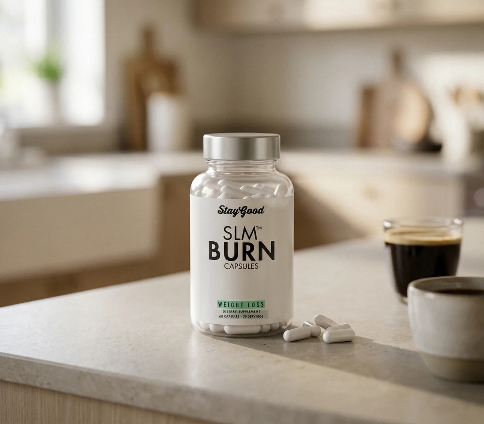 Burk med SLM Burn kapslar på en köksbänk bredvid en kopp kaffe