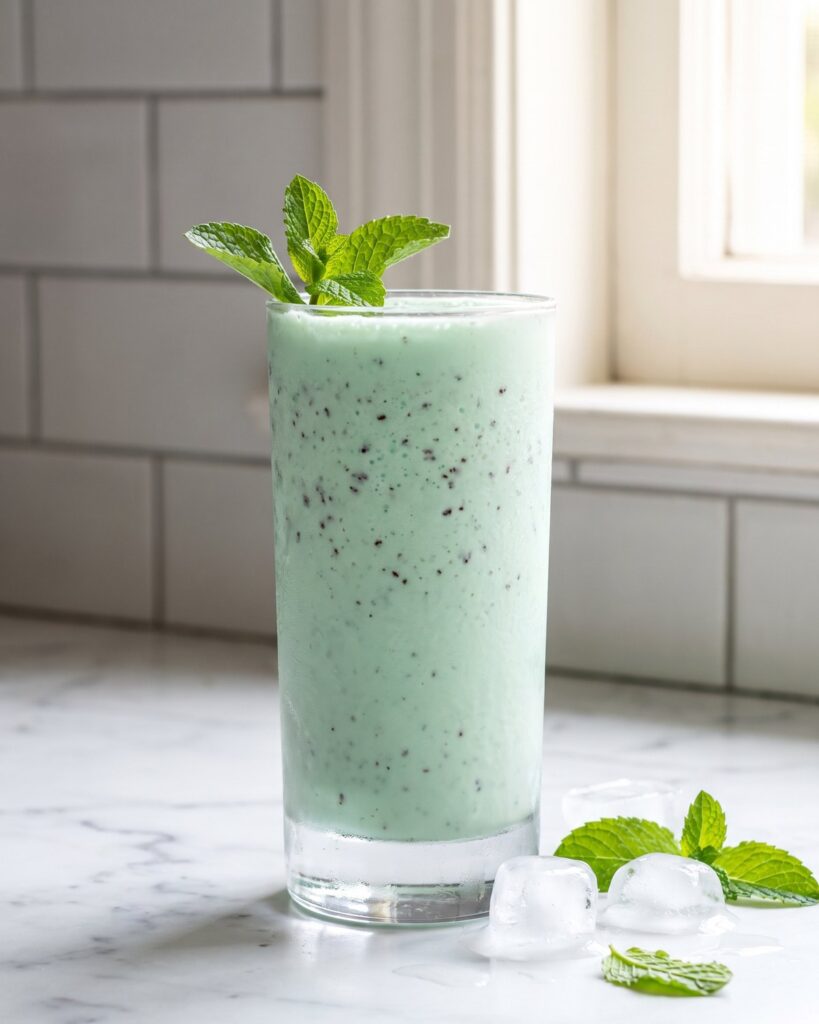 Högt glas ljusgrön mintchokladshake med chokladflingor och färsk mynta