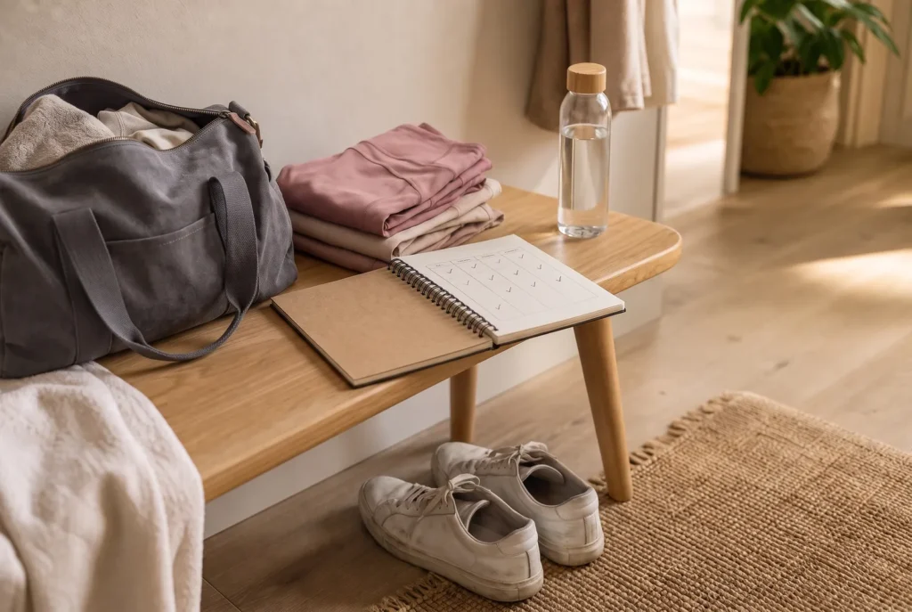 Packad träningsväska, vikta träningskläder, vattenflaska och anteckningsbok på en bänk i hallen